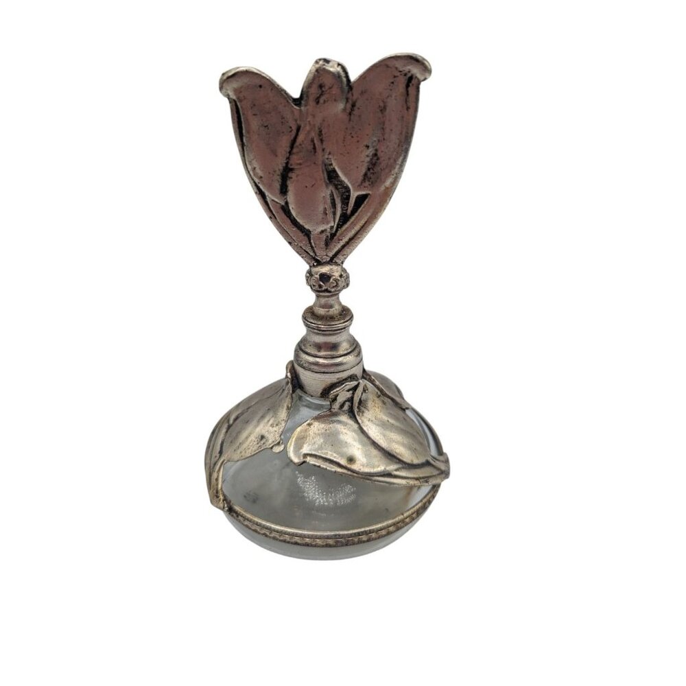 Vintage Silver-Plated Floral Tulip Perfume Bottle With Glass Dropper 6" Tall Ele - Picture 4 of 12